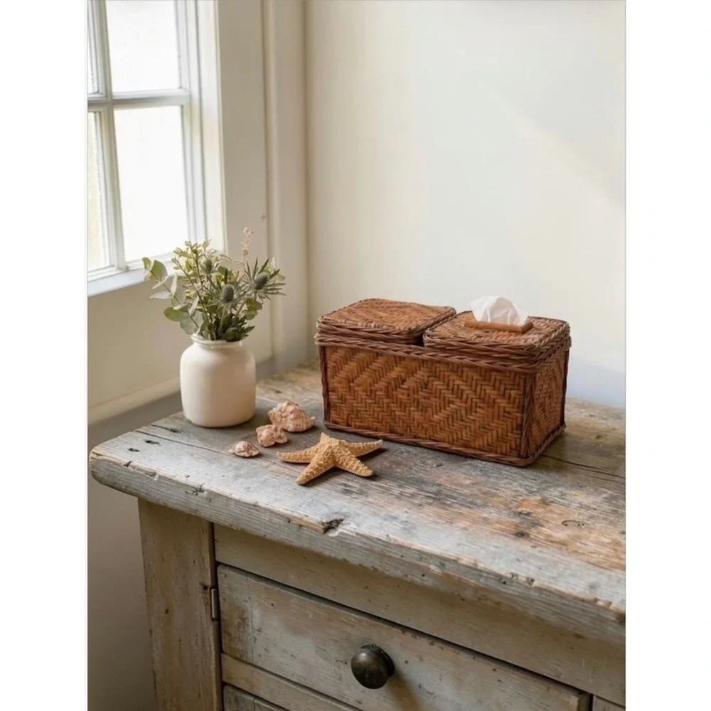 Vintage Woven Wicker Dual Compartment Tissue Box Cover and Storage Basket Brown